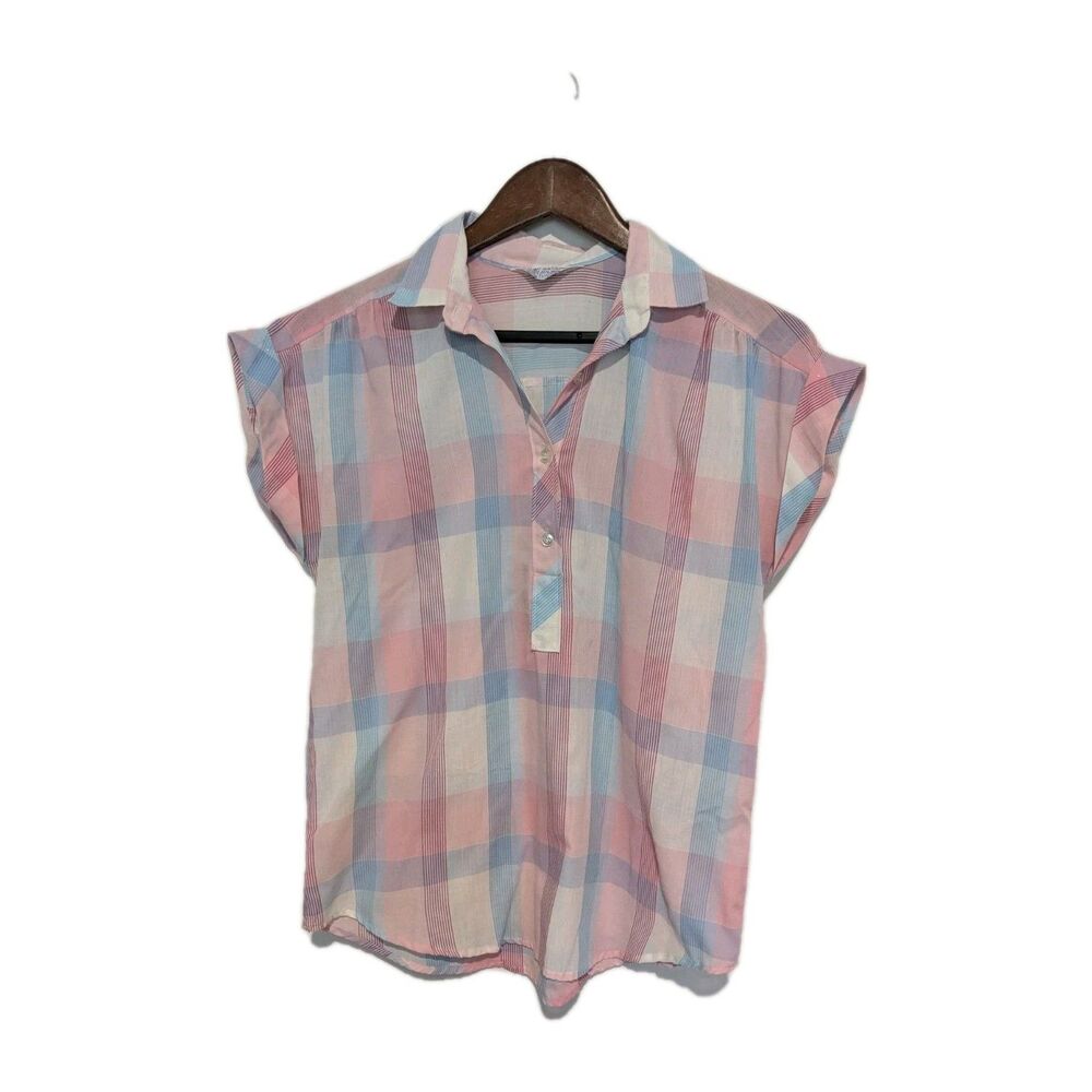 Vintage 80s Plaid Stripe Pink Blue Blouse Top S/ M Summer Cotton Bl Lady Donlin
